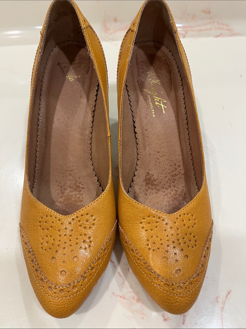 Anthropologie Mustard Yellow Pointed Toe Perforated Flats